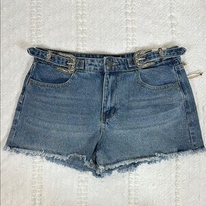 NET Austin Landing Double Silver Buckle Western Denim Shorts Size 11‎